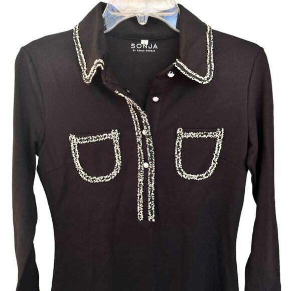 Sonja Morgan Black Collared Long Sleeve Mini Dress Beaded Trim, Size Large NWT - Picture 5 of 15